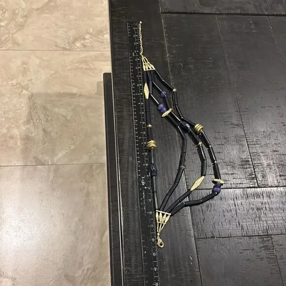 LARGE CHICOS NECKLACE BLUE MULTISTRAND BRUSHED GOLD TONE BEADS FASHION STATEMENT - Picture 6 of 7